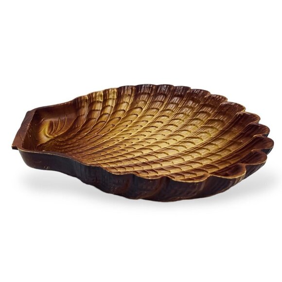 Vintage 10"  Plastic Serving Bowl Shell Shape Brown Yellow Mid Century Decor - Picture 3 of 10